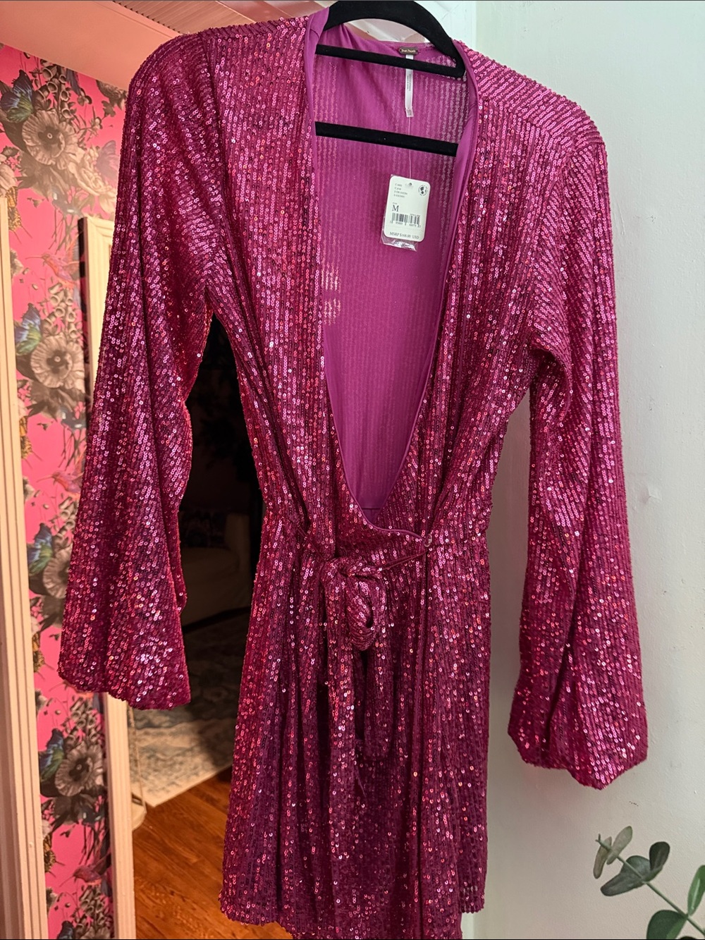 Free People Sequin Wrap Romper in Fuchsia Pink